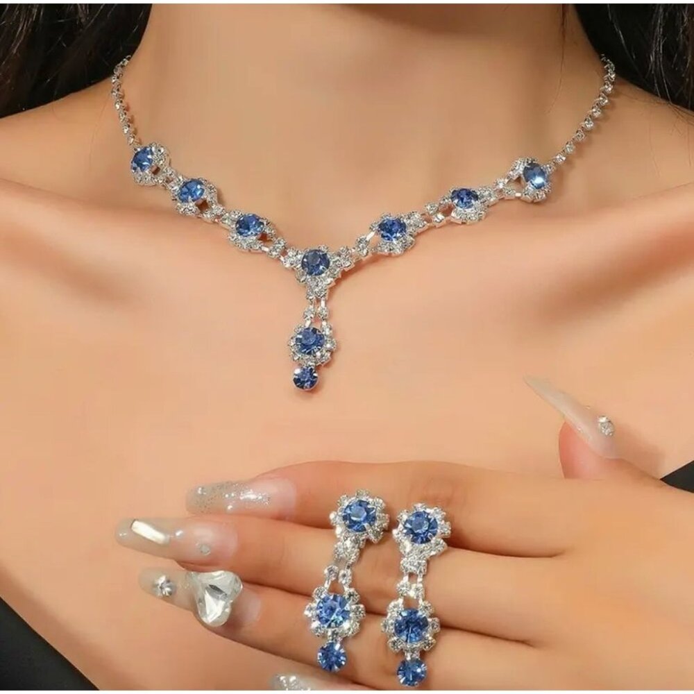 Elegant Blue Crystal Necklace & Earrings Set
